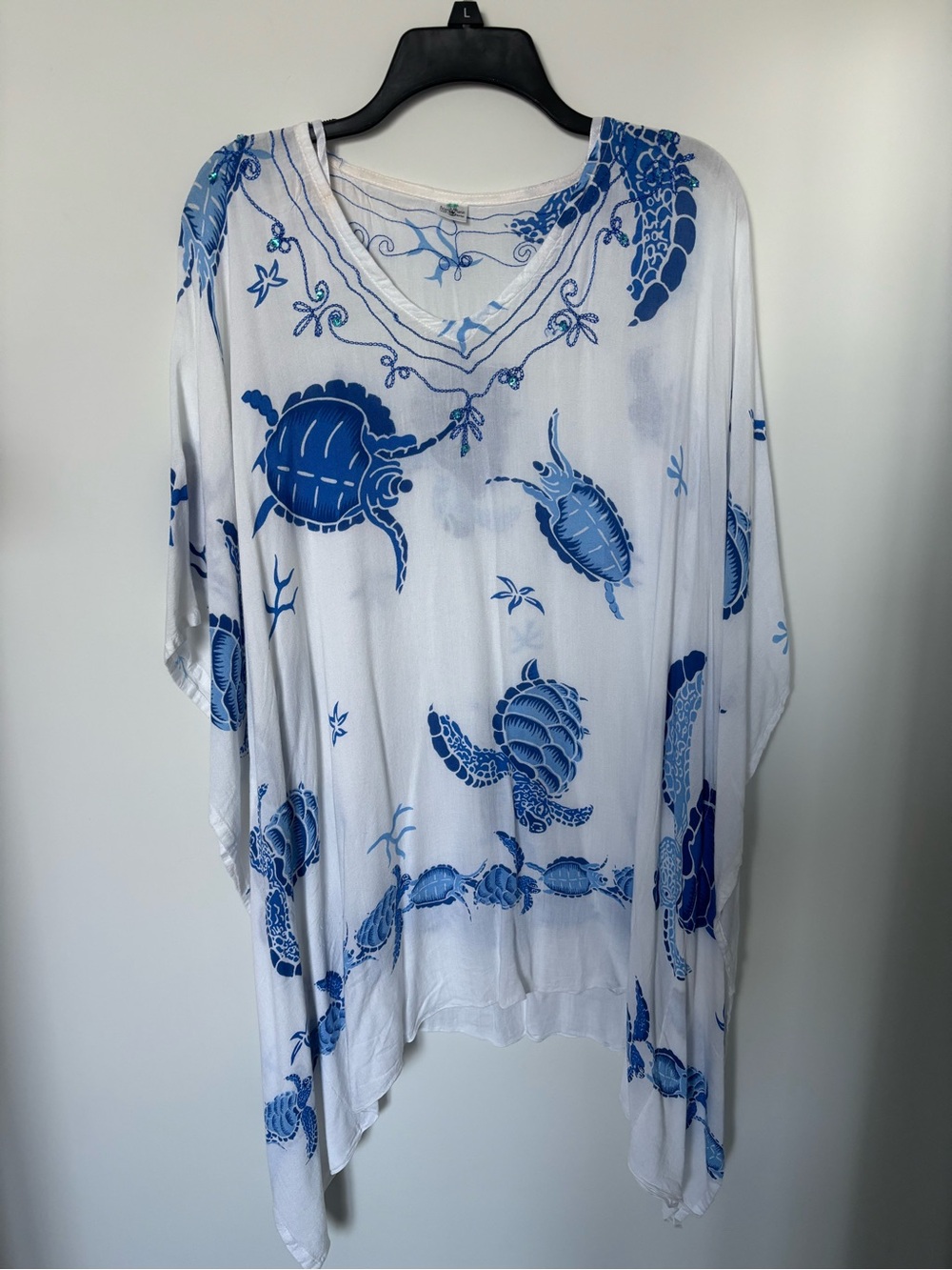 White & Blue Sea Turtle V-Neck Swim Coverup
